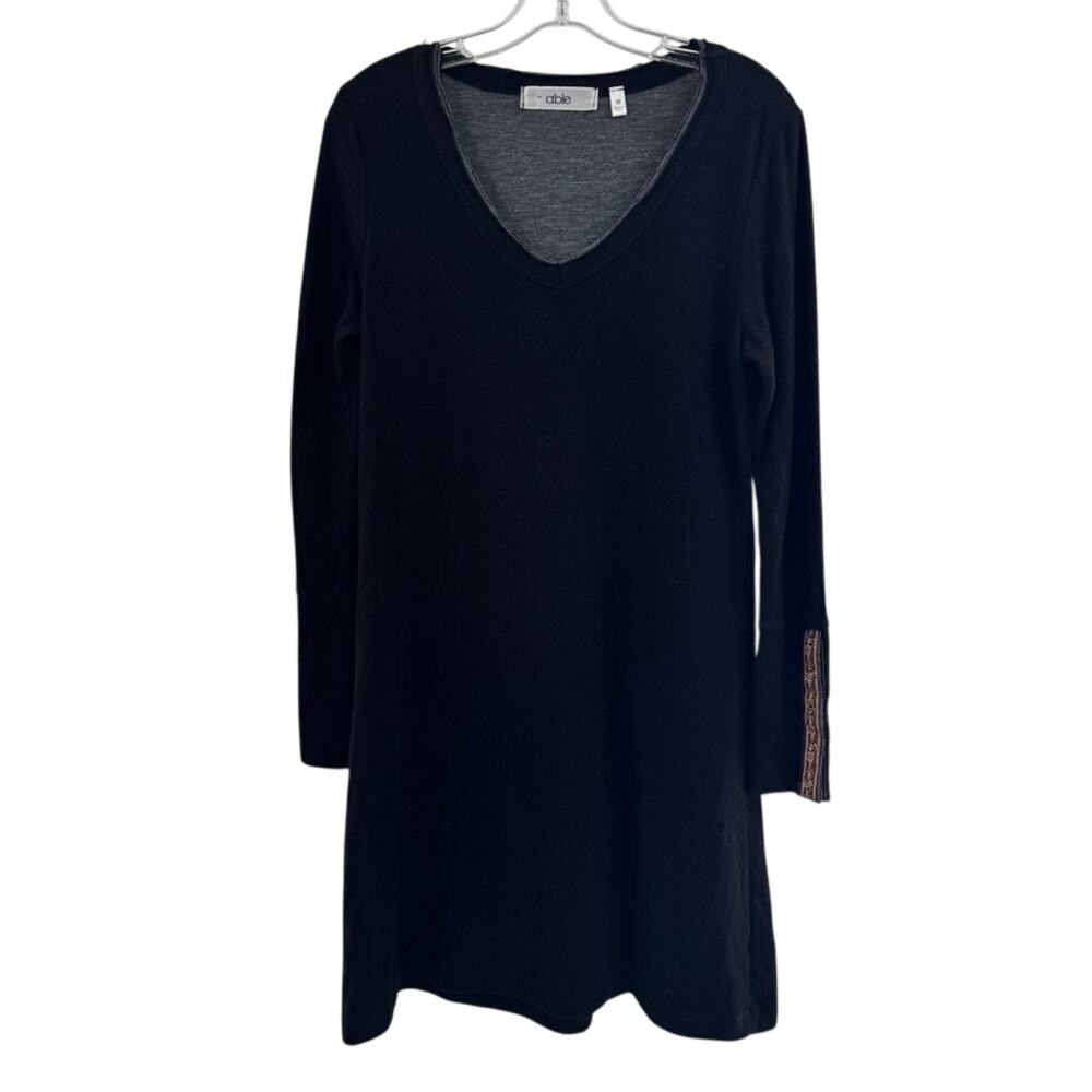 Able Shirt Dress Sz M Black Gray LS Embroidered Button Cuff French Terry